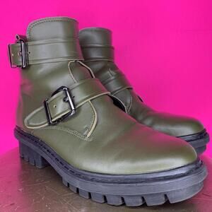 Aldo Olive Green Leather Double Buckle Strap Lug Sole Ankle Boot Sz 7